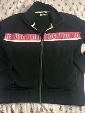 UGG Black Track Jacket with Pink and White Logo Band